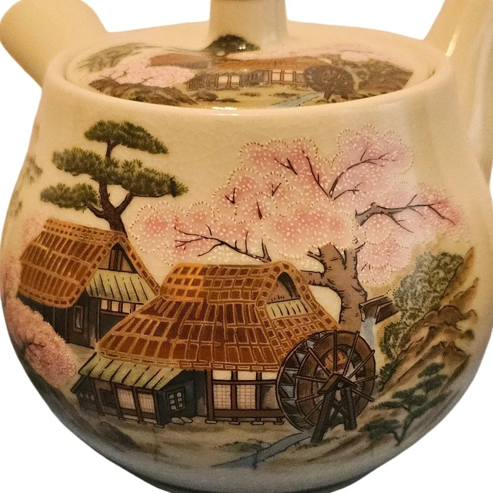 Vintage Japanese Satsuma Style Tea Set Kyusu Teapot‎ 4 Cups Cherry Blossom Scene